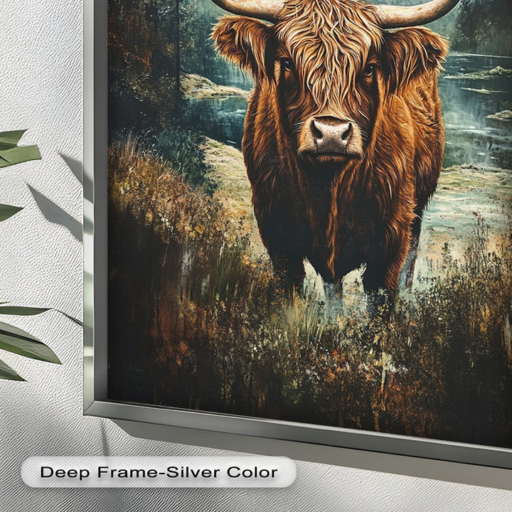 Highland Cow in Misty Pines – Wilderness Oil Painting