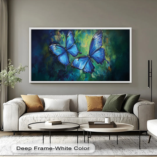 Calm and captivating, the 'Dance of the Blues' animal oil painting decoration evokes a peaceful yet lively atmosphere with its vibrant blue butterfly motif.