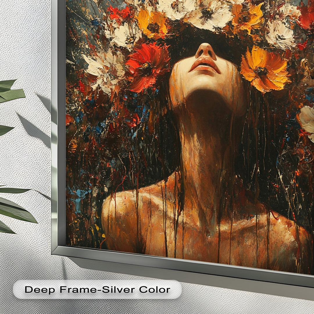 Floral Rebirth – Woman with Blossoming Crown Abstract Oil Painting