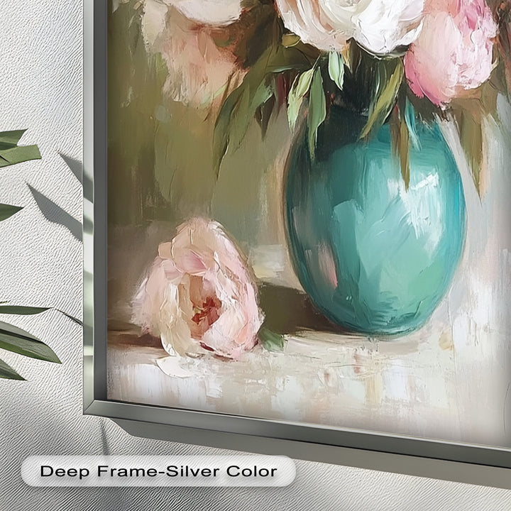 Blushing Peonies in Jade Vase – Romantic Flower Oil Painting