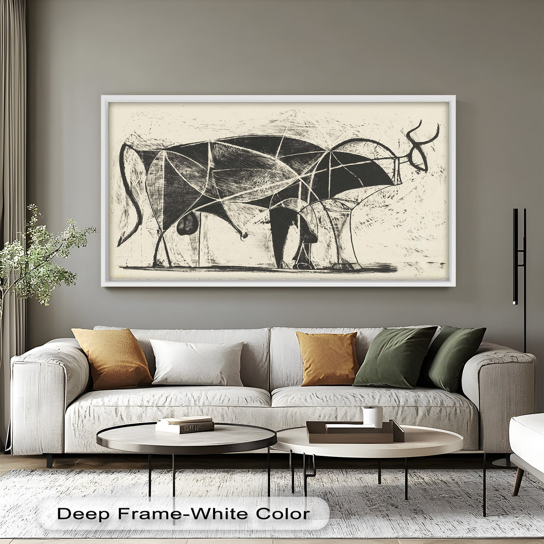 An abstract black-and-white depiction of two bulls, composed of intersecting lines and angular geometric forms.