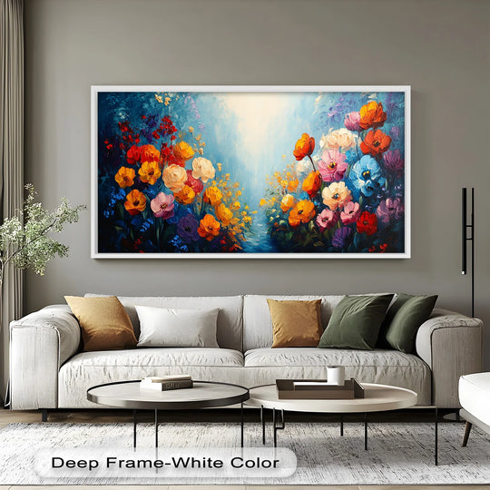 High-quality Multicolor Blossoms in Blue Radiance oil painting artwork showcases vibrant colors and expertly applied texture, bringing a gallery-worthy feel to any room.