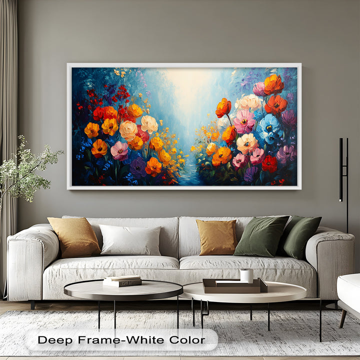 Multicolor Blossoms in Blue Radiance - Flower Oil Painting