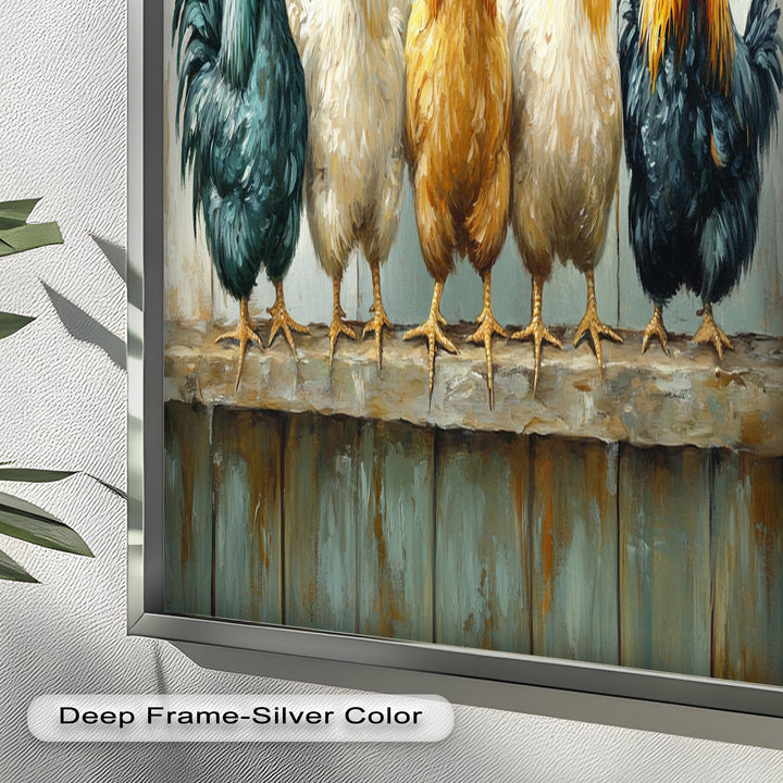Colorful Roosters on a Wooden Fence – Animal Oil Painting