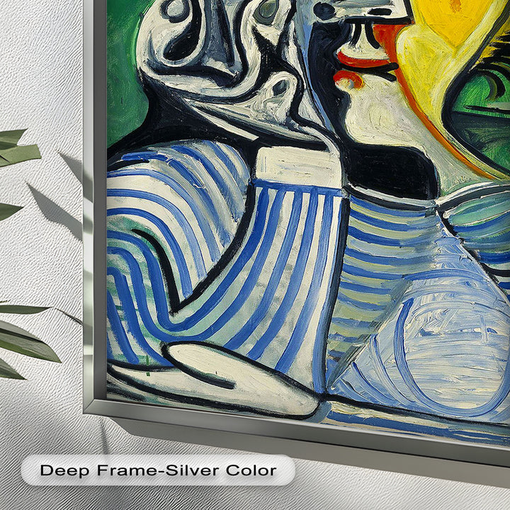 Nachdenklicher Blick – Gestreifte Frau mit Sonnenhut Picasso Ölgemälde