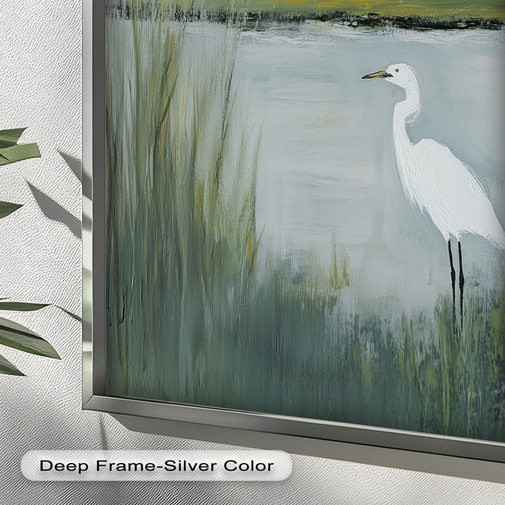 Egret by the Marsh – Minimalist Landscape Oil Painting
