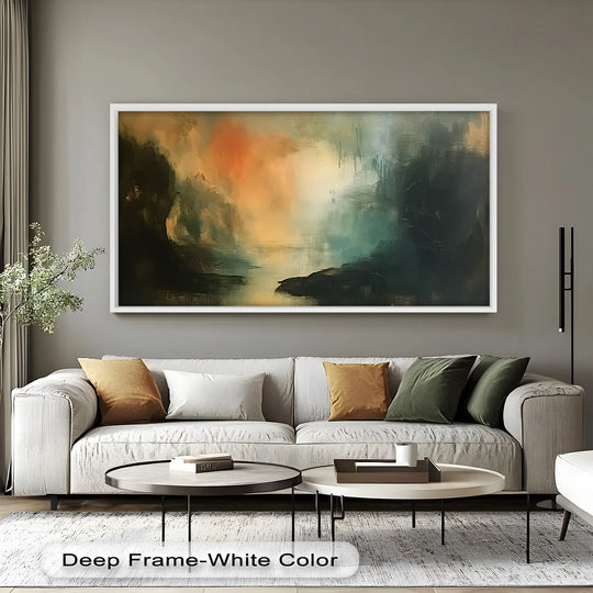 Visual rhythm in the twilight passage oil painting art piece is achieved through layered brushstrokes and contrasting colors creating a mystical abstract landscape.