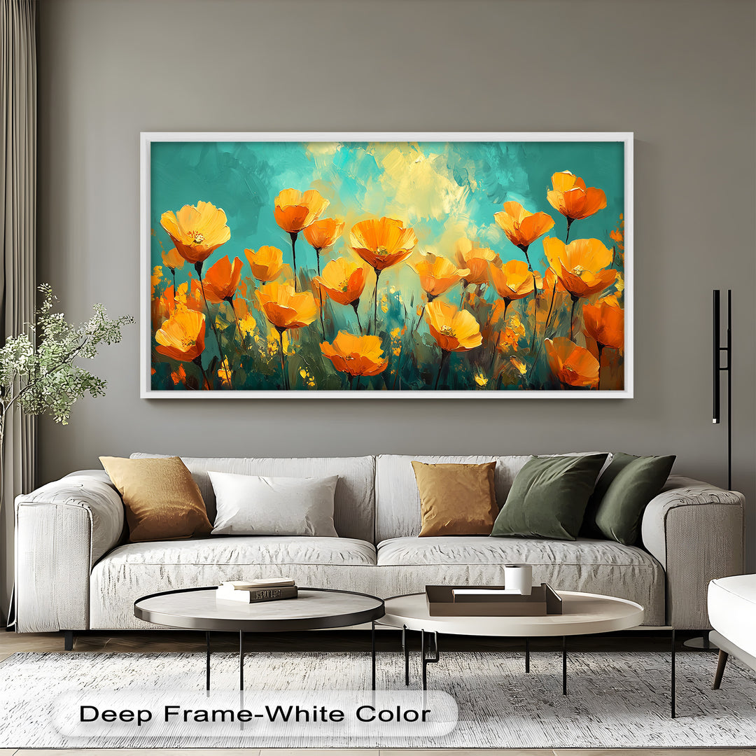A radiant floral scene capturing the energy of orange poppies in full bloom under a luminous blue and green sky.