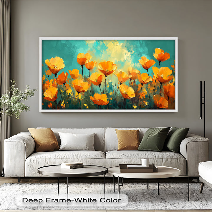 A radiant floral scene capturing the energy of orange poppies in full bloom under a luminous blue and green sky.