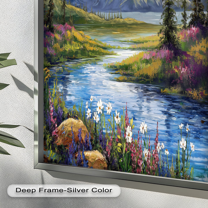 Vintage Mountains & River – Framed Oil Painting