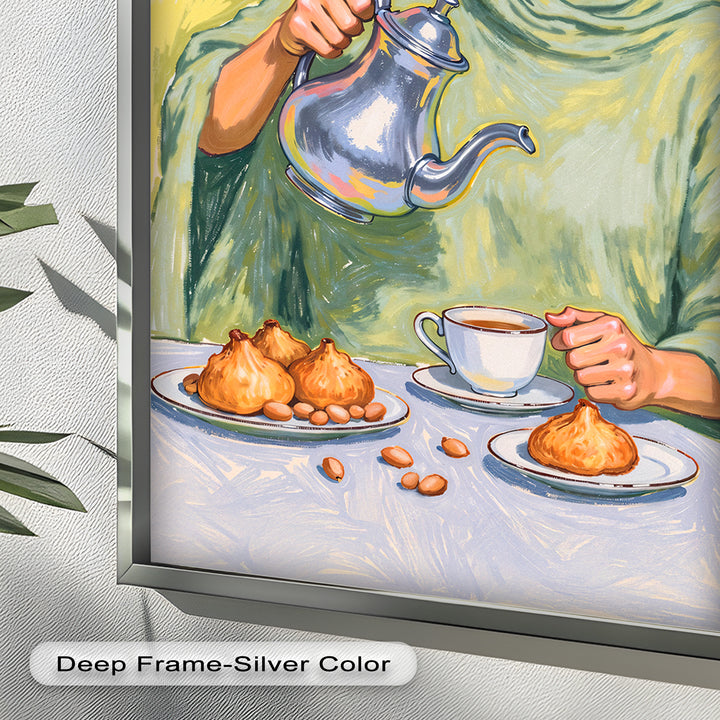 Woman Pouring Tea with Traditional Sweets - Food Painting