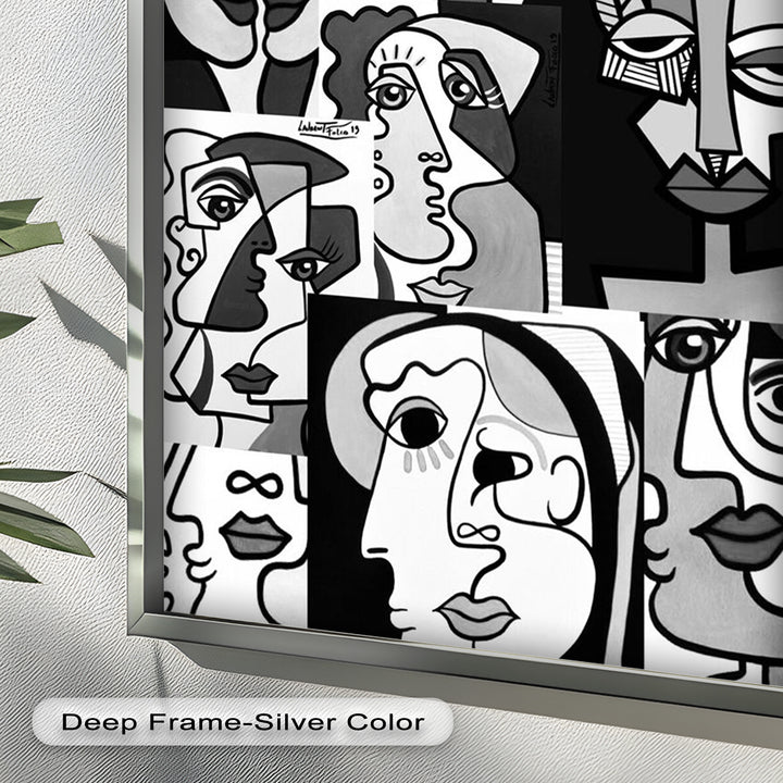 Monochrome Muse – Picasso-inspiriertes Ölgemälde mit kubistischen Gesichtern