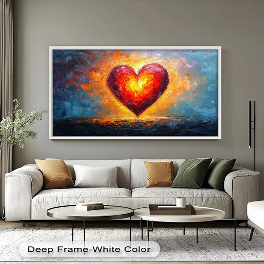 Negative space surrounding the radiant heart creates a captivating focus in this abstract love oil painting decoration.