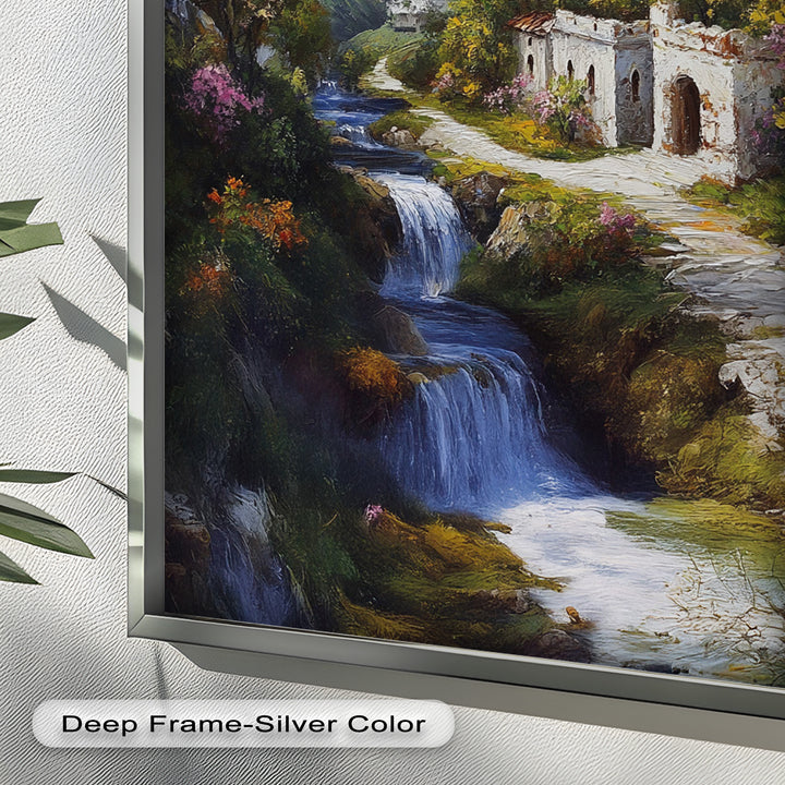 Mountain Abbey by the Falls – Serene Renaissance Oil Painting