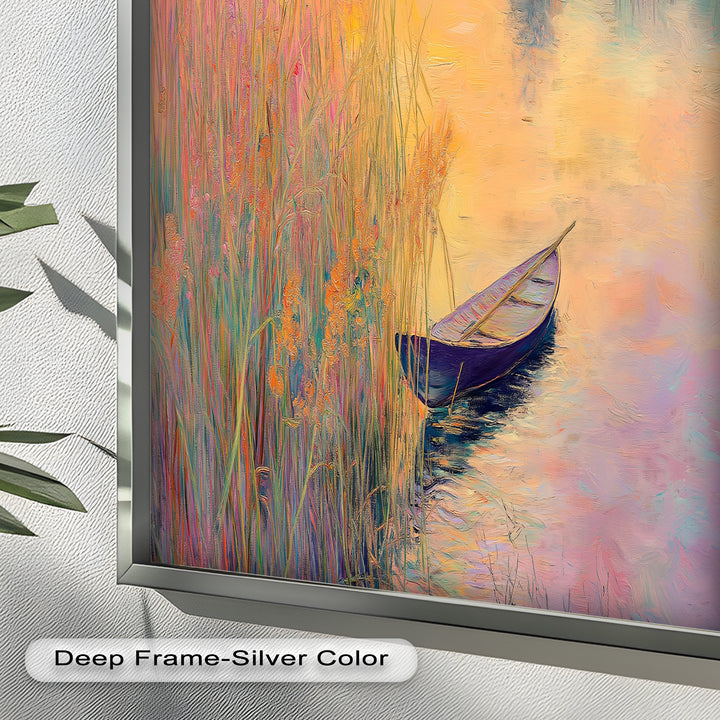 Golden Reeds and Sunset Rowboat – Impressionist Oil Painting