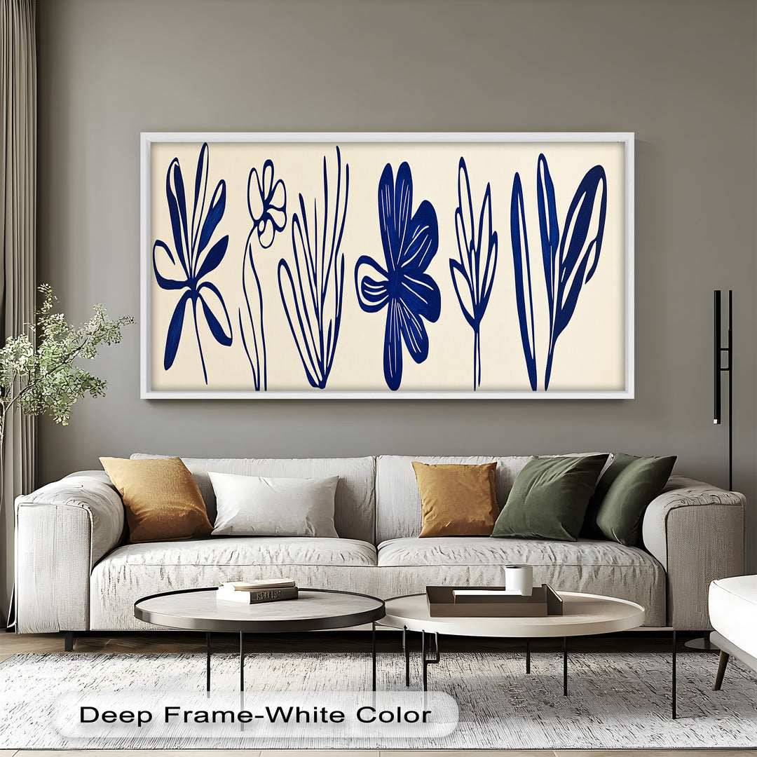 Indigo Bloom Line Art – Minimalistisches florales Ölgemälde
