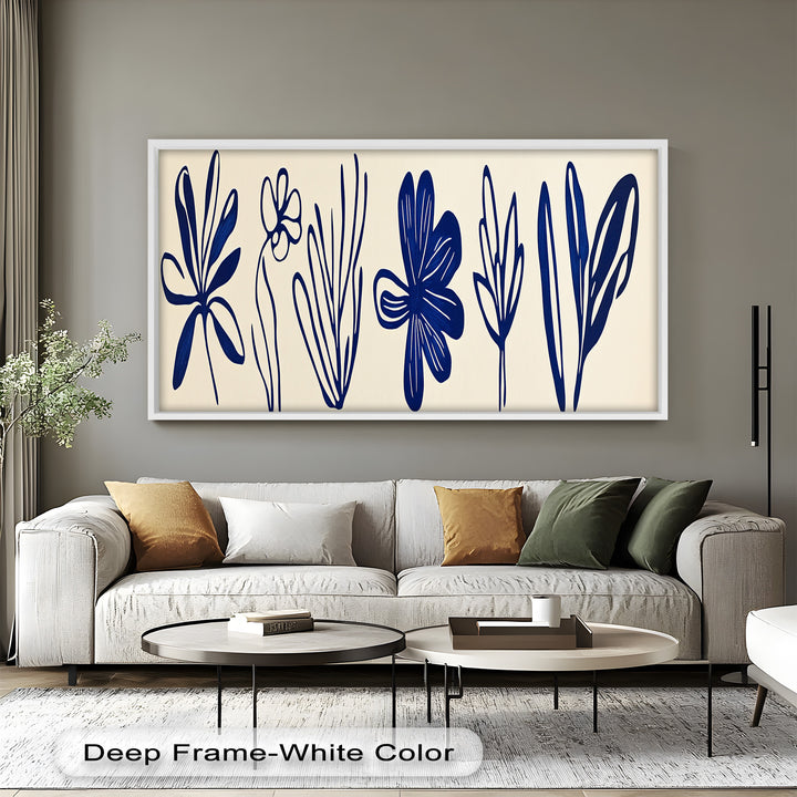 Indigo Bloom Line Art – Minimalistisches florales Ölgemälde