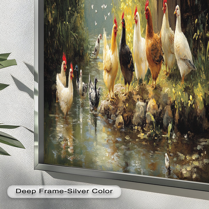 Country Farmyard Chickens by the Stream – Animal Oil Painting