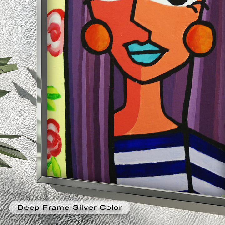 Striped Radiance – Playful Woman with Purple Hair Picasso Oil Painting