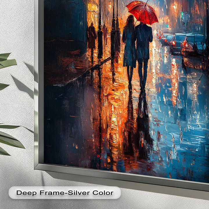 Lovers in the Rain – Romantic Night Street Oil Painting