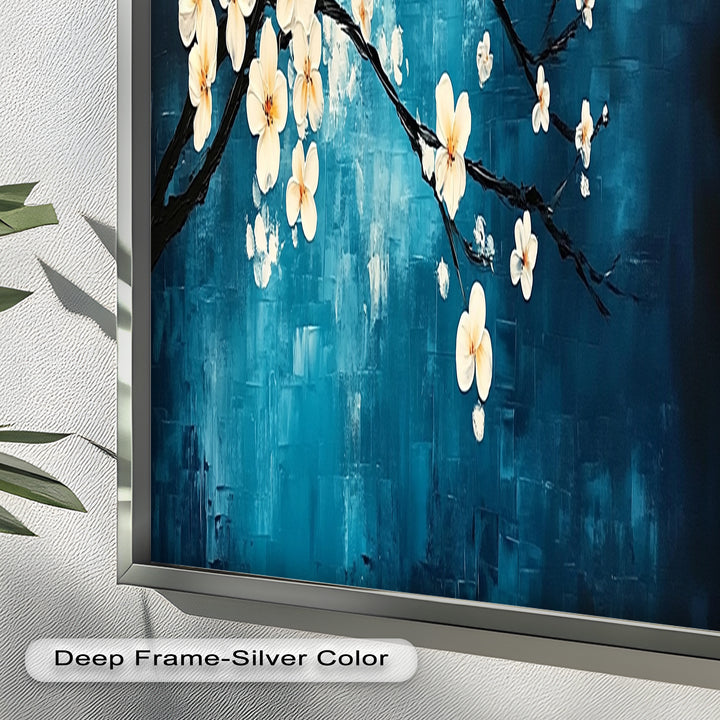 White Blossoms on Blue Wall Art – Floral Oil Painting