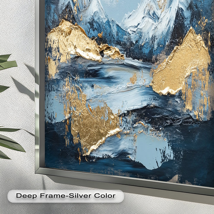 Arctic Peaks – Abstraktes Ölgemälde mit Bergmotiven in Blau und Gold