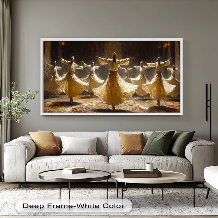 An artistic depiction of Mevlevi dervishes performing the sacred Sema ceremony in a dimly lit, spiritual setting.