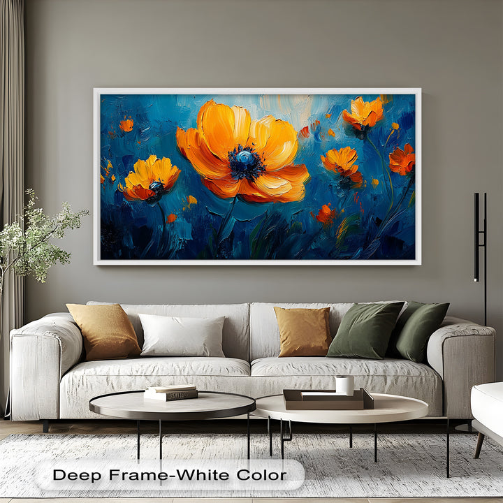 Orange Flowers on Deep Blue - Flower Oil Painting