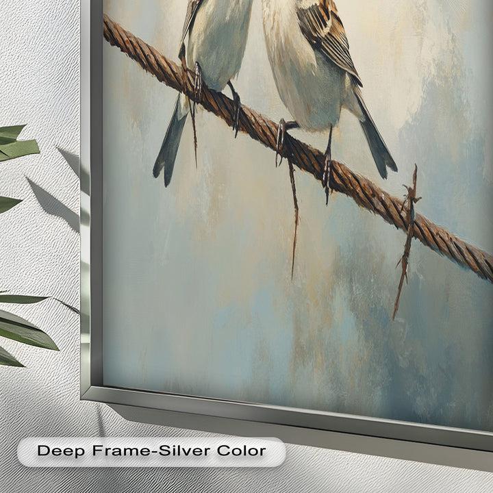 Two Sparrows on a Wire – Bird Oil Painting