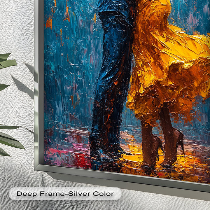 Midnight Embrace – Vibrant Couple in Yellow Dress Oil Painting