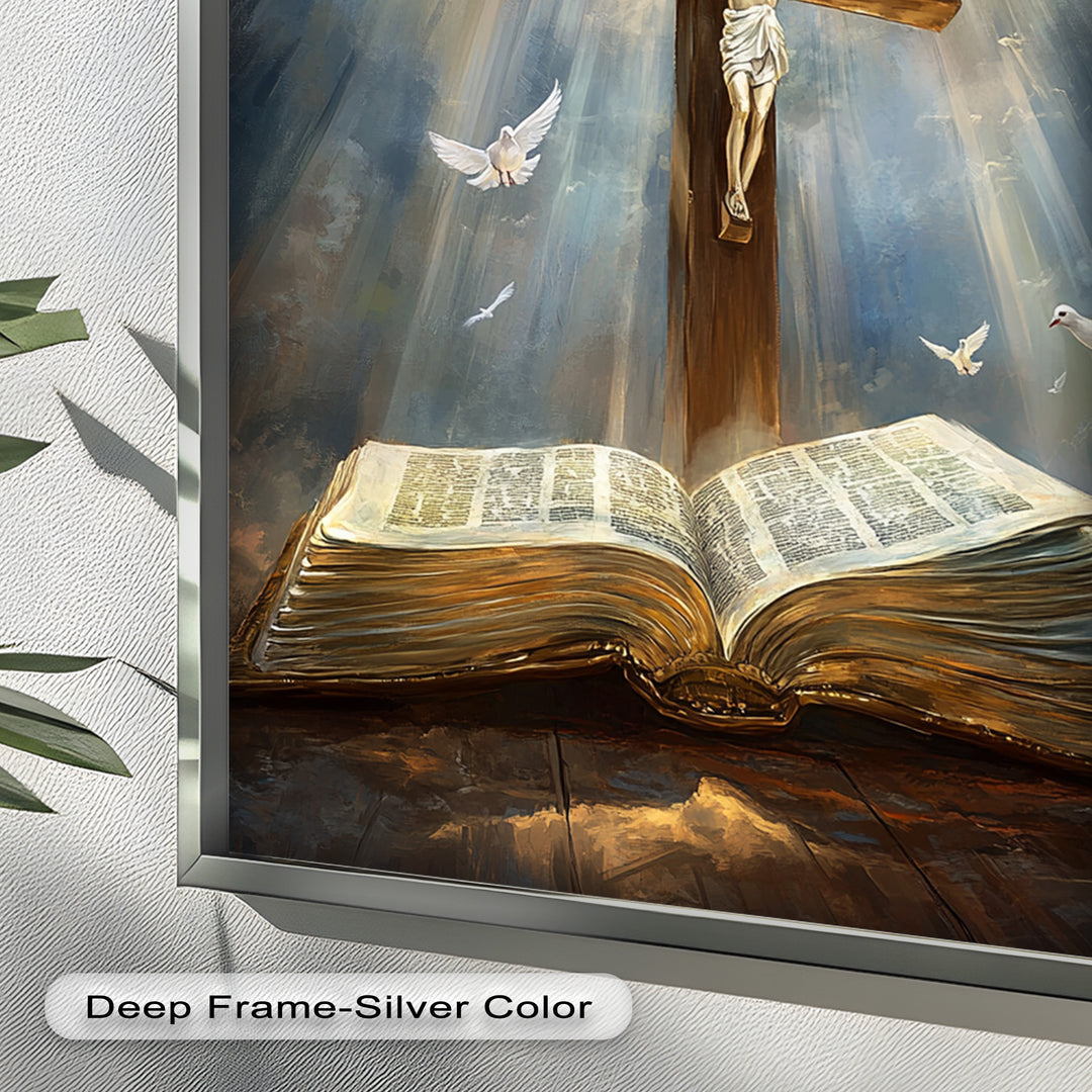 Jesus on the Cross with Open Bible and Doves - Oil Painting