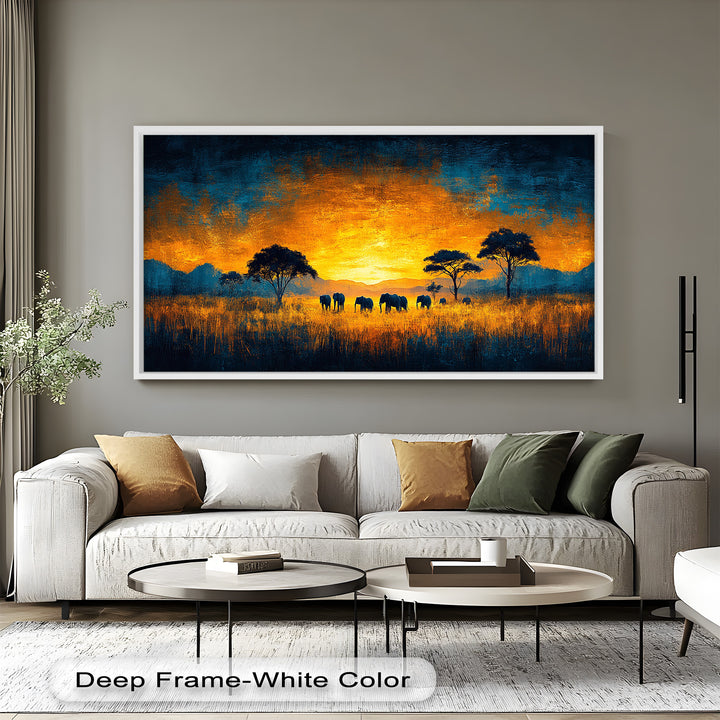 Golden Savannah Sunset – Elephant Silhouette Oil Painting