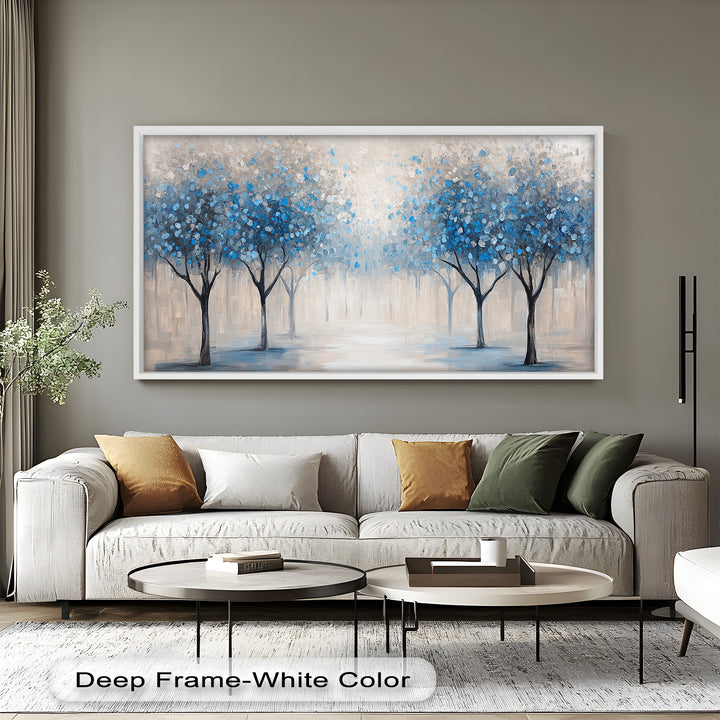 An impressionistic forest scene with symmetrically placed trees and vibrant blue leaves creating a tranquil, atmospheric effect.