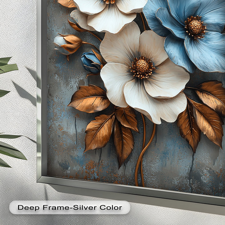 Gilded Petals – Luxuriöses Ölgemälde mit weißen und blauen Blumen