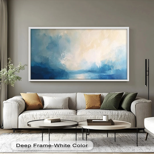 Heavily textured surface shows the subtle brushstrokes and layered application of blue and cream hues in this abstract oil painting art prints piece.