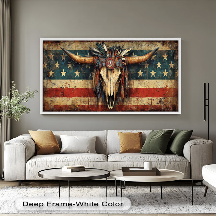 Tribal Longhorn Totenkopf mit Kopfschmuck – Amerikanisches Ölgemälde