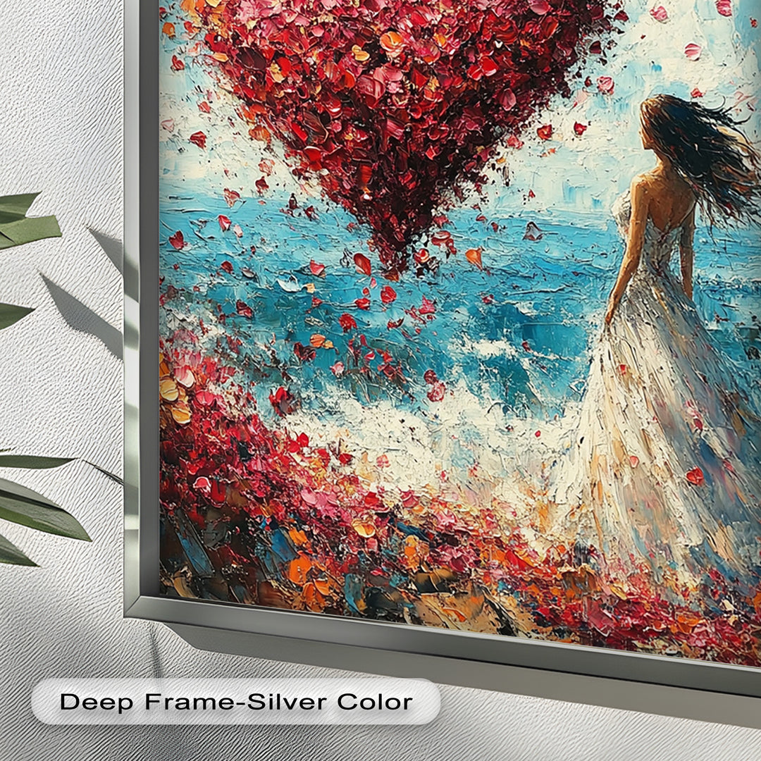 Woman with Heart-Shaped Petals Over the Sea - Love Oil Painting