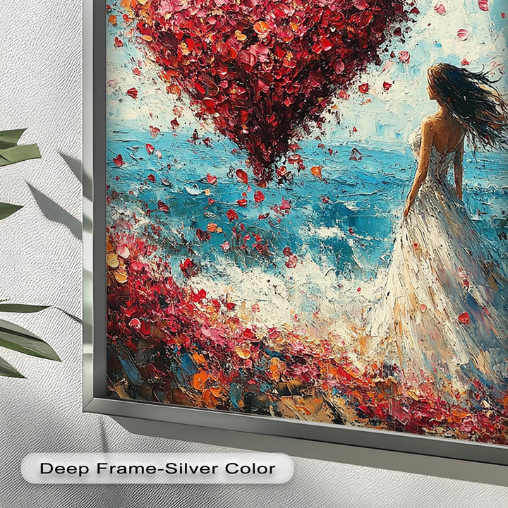 Woman with Heart-Shaped Petals Over the Sea - Love Oil Painting