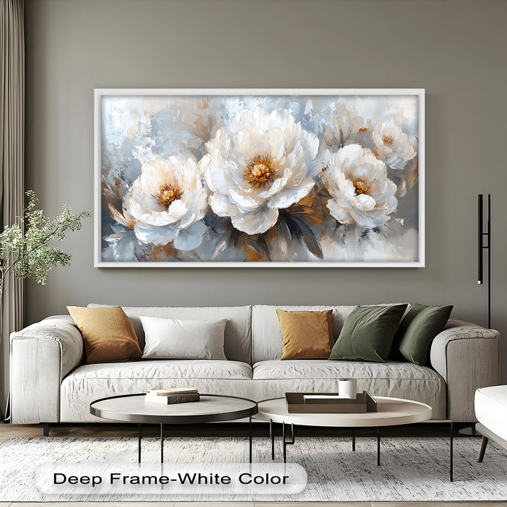 White Petals on Soft Neutral Background - Flower Oil Painting