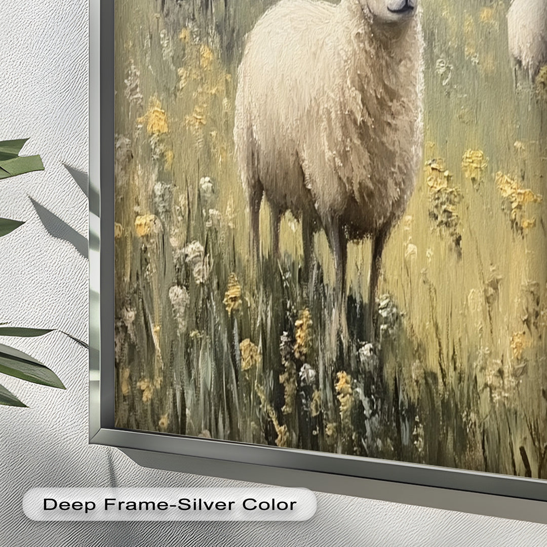 Sheep in Spring Meadow – Pastoral Oil Painting