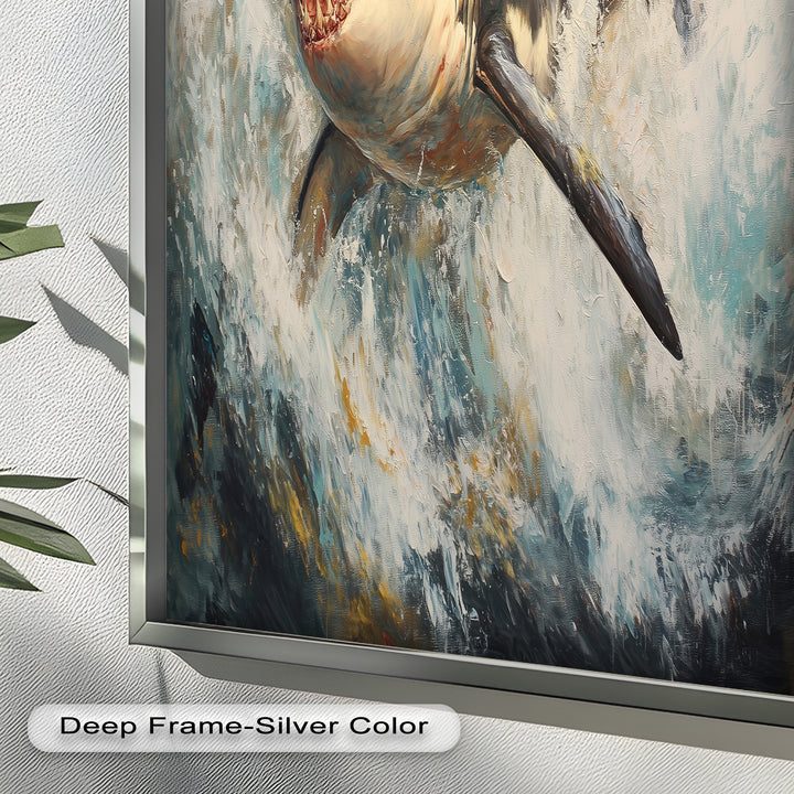 Ferocious Great White Shark Leaping Through Waves - Animal Oil Painting