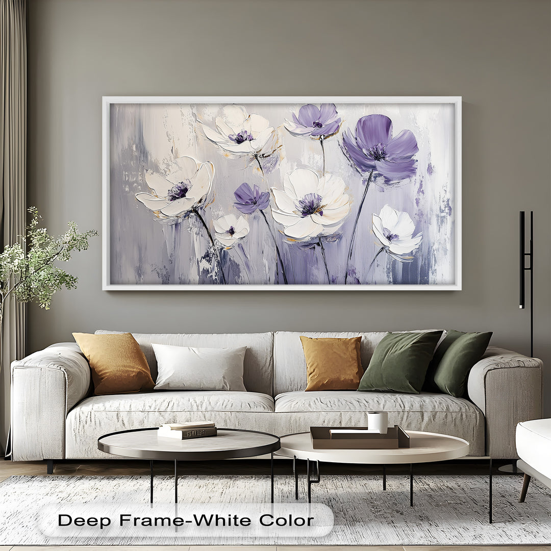White and Purple Florals on Misty Background - Flower Oil Painting