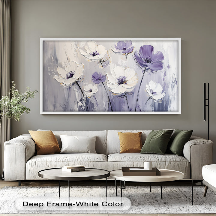White and Purple Florals on Misty Background - Flower Oil Painting