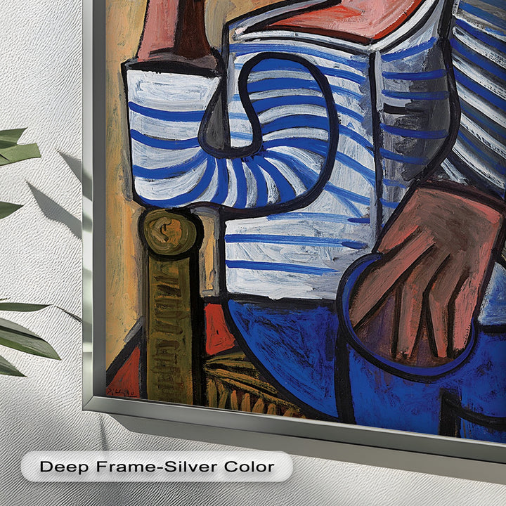 Melancholy in Stripes – Seated Man with Blue Shirt Picasso Oil Painting