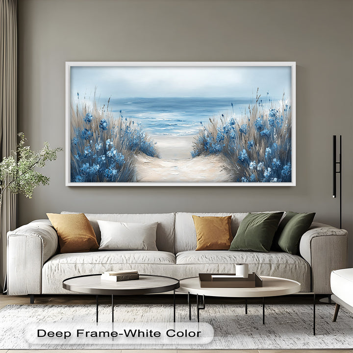 A graceful blend of sea and shore, this artwork captures the delicate beauty of a quiet beach walk framed by coastal blooms.