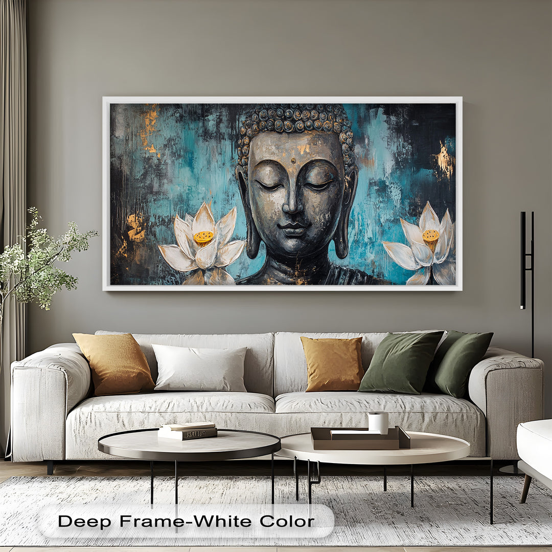 Buddha with Lotus Flowers Wall Art – Religious Oil Painting