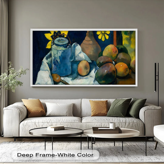 The vibrant hues of the mangoes and teapot create the loudest element in this oil painting reproduction print of a rustic still life food painting.