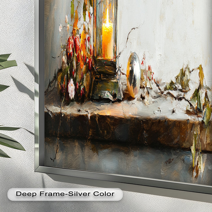 Bronze Candle Lantern Art – Winter Decor Oil Painting