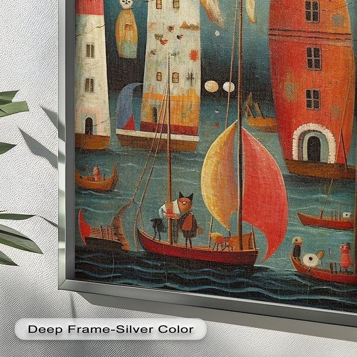Moonlit Harbor Parade – Surreal Cat and Owl Fantasy Oil Painting