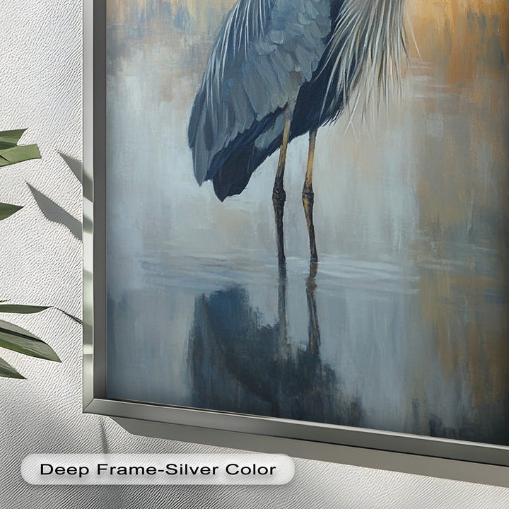 Heron in Misty Marshland - Framed Oil Painting